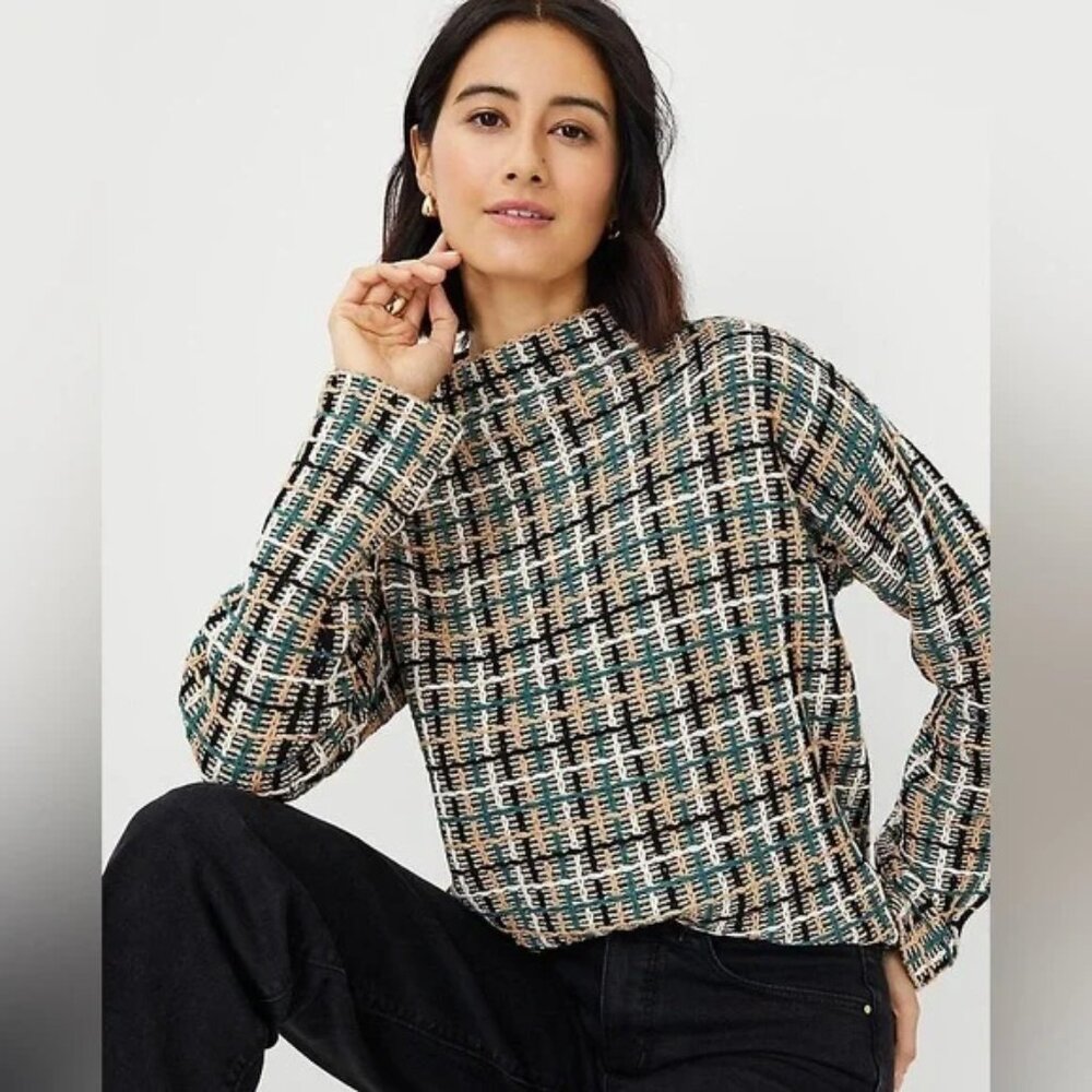 ANN TAYLOR Tweed Teal Green Beige Funnel Neck Top Blouse S